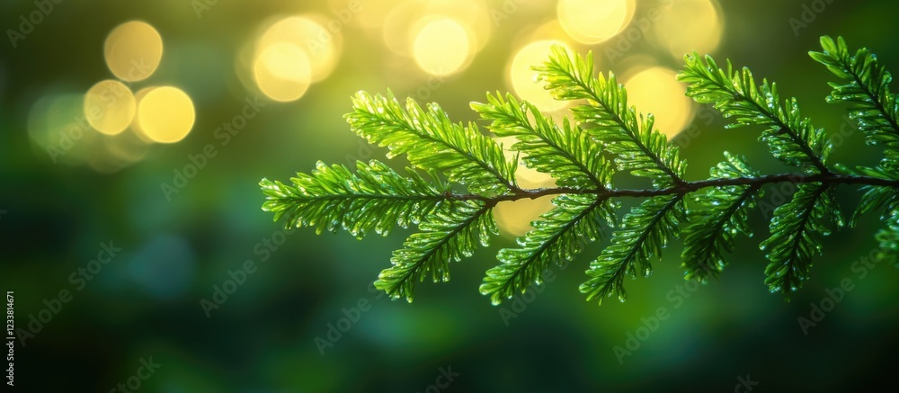 Poster Green Fern Leaf with Dew Drops and Blurred Green Background and Bokeh Effects Copy Space