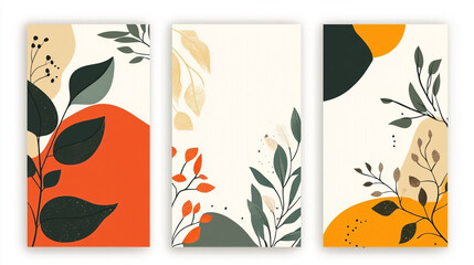 Set of Canvases Featuring Abstract Foliage in Plant Art Design, Templates for boho style cards. Great for invitations, greeting cards, 