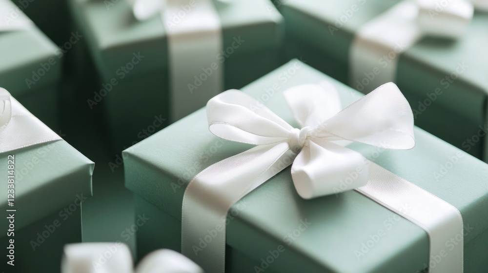Aufkleber green gift boxes with white satin ribbons arranged in a decorative pattern with copy space for text