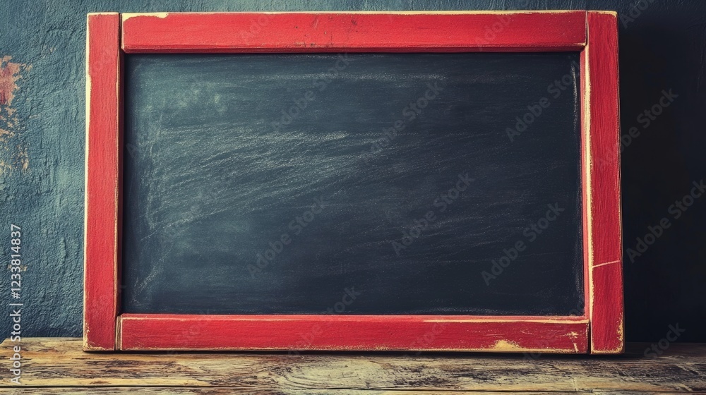 Poster Vintage red framed chalkboard on a rustic wooden table with textured dark background and ample Copy Space for text placement.