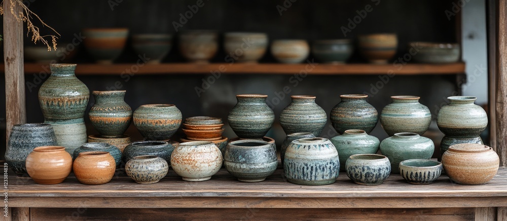 Aufkleber assorted handmade pottery displayed on wooden shelves with rustic background and natural lighting co