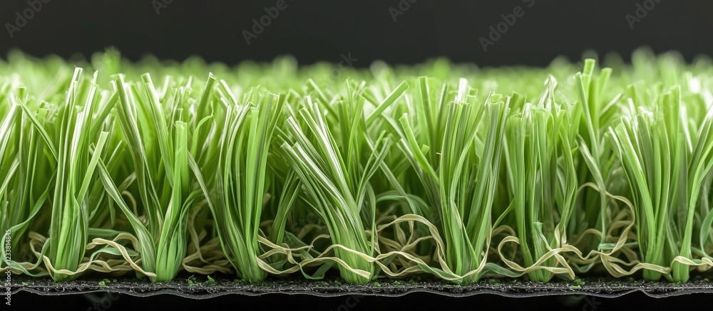 Poster artificial grass texture close-up with detailed blade structure and roots against a dark background 