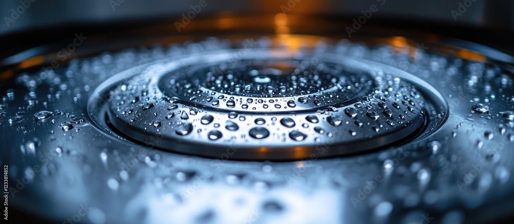 Aufkleber droplets on metallic surface with reflections and copy space for text