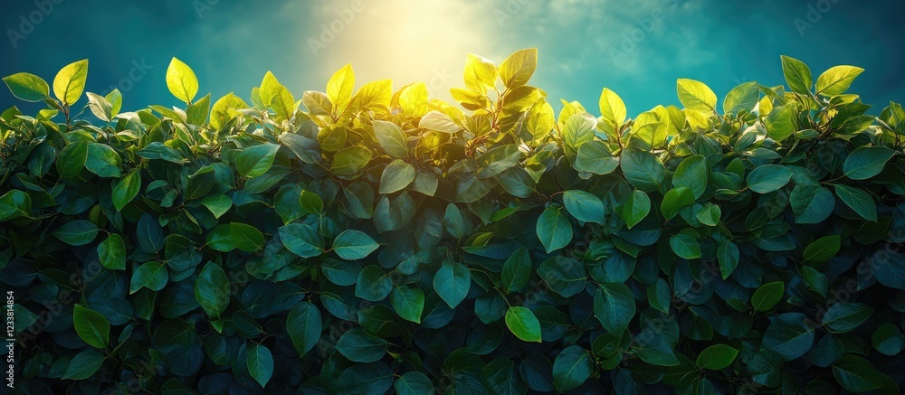 Aufkleber lush green foliage with sunlight shining from above creating a bright background with copy space for