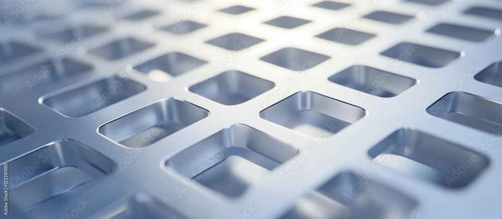 Poster close-up of metallic grid pattern with square cutouts and reflective surface, suitable for industria