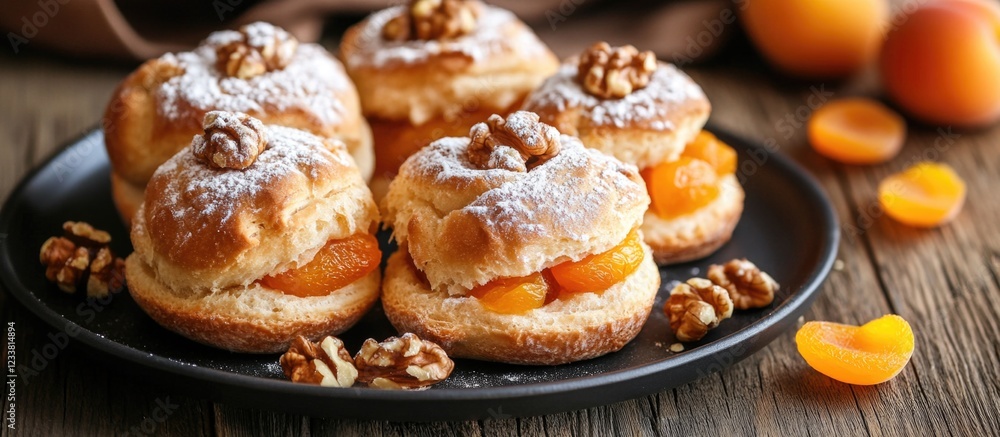 Poster freshly baked sweet buns filled with apricots and topped with walnuts on a dark plate with a wooden 