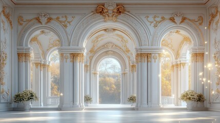 Naklejka premium Elegant Palace Hallway with Golden Accents and Autumnal View