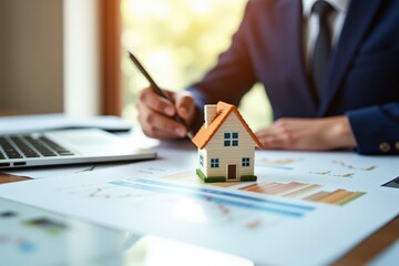 A Professional Male in a Suit Analyzing Real Estate Investments with a Miniature House Model and Laptop During Business Meeting