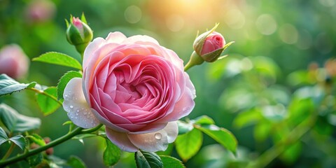 Delicate, velvety petals of tender pink damask rose unfolding on a green stem in the morning dew ,velvety,  velvety, green, gentle, soft