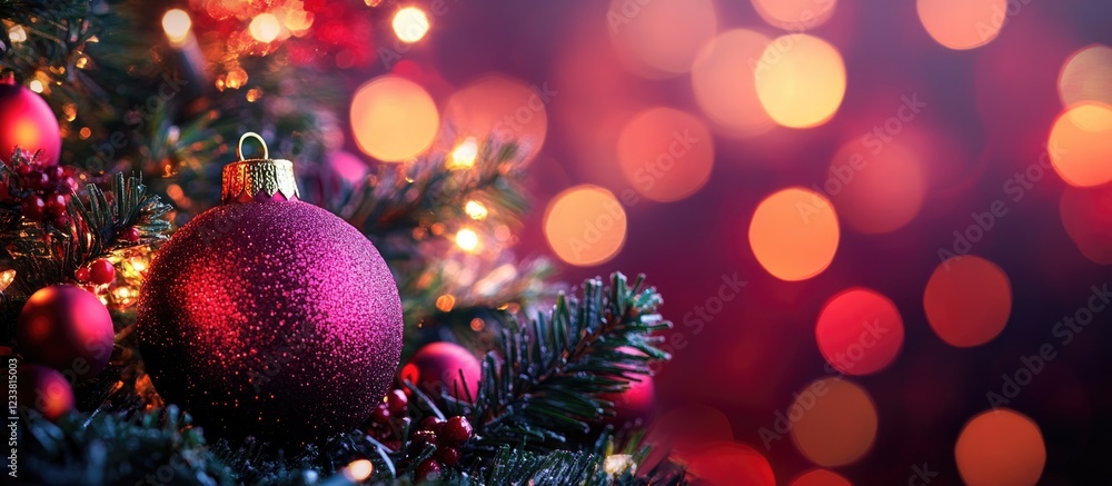 Aufkleber decorative christmas tree with pink ornament and colorful bokeh lights in the background copy space