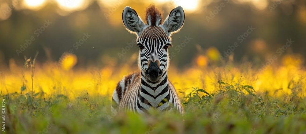 Poster Close-up of a zebra resting in a grassy field during sunset with warm bokeh background and Copy Space for text placement.