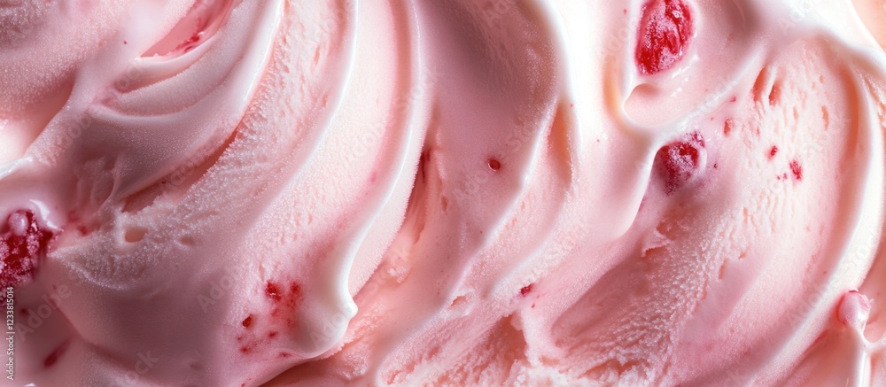 Poster Pink strawberry ice cream texture close-up with swirls and visible strawberry bits Copy Space