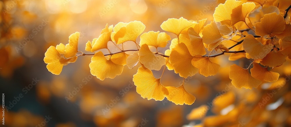 Fototapete golden ginkgo leaves on branch with soft focus background and copy space for text