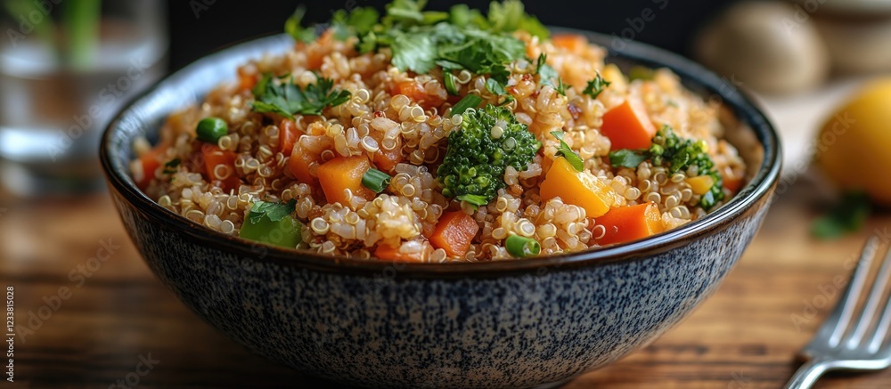 Poster quinoa salad with colorful vegetables and herbs in a dark textured bowl on a wooden table with copy 