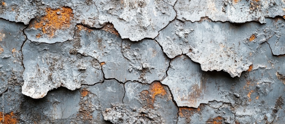 Poster textured surface of weathered and peeling blue paint revealing cracked layers and rust spots on a wa