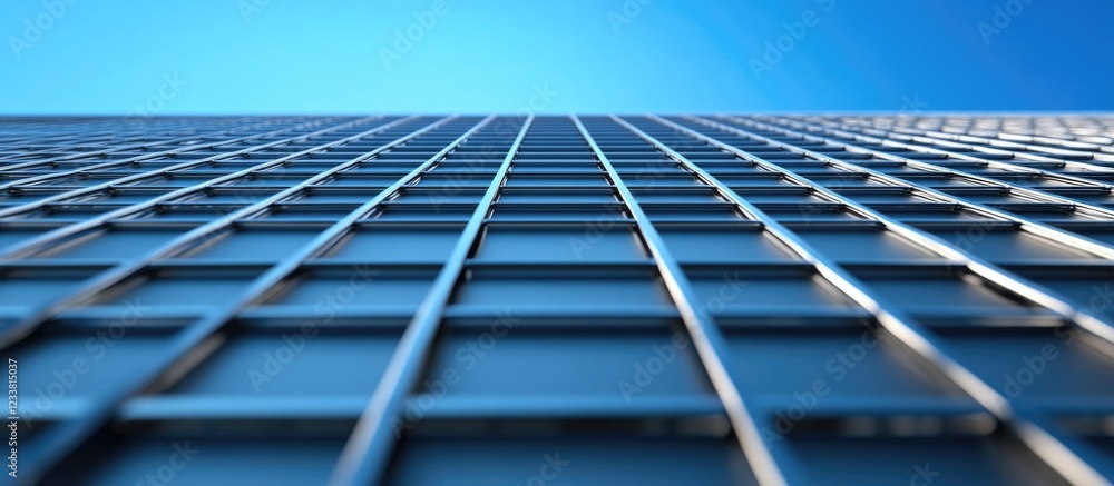 Poster looking up at a modern glass skyscraper facade with a blue sky background and abundant copy space fo