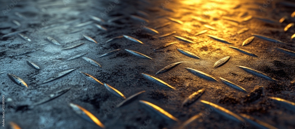 Poster close-up view of textured metal surface with diamond pattern and dramatic lighting creating reflecti