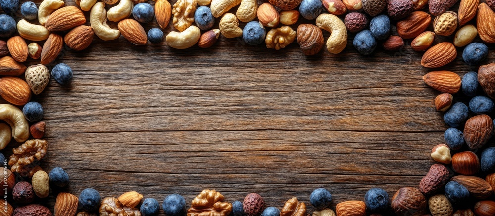 Poster Mixed nuts and dried fruits arranged around a wooden background with Copy Space for text placement