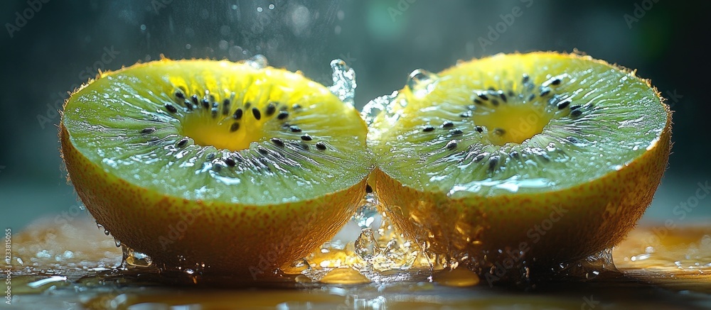 Poster Freshly cut kiwi halves splashing water droplets in a vibrant setting with Copy Space for text placement