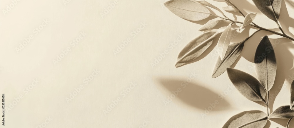 Poster Minimalist design featuring delicate green leaves casting shadows on a neutral background with ample copy space.