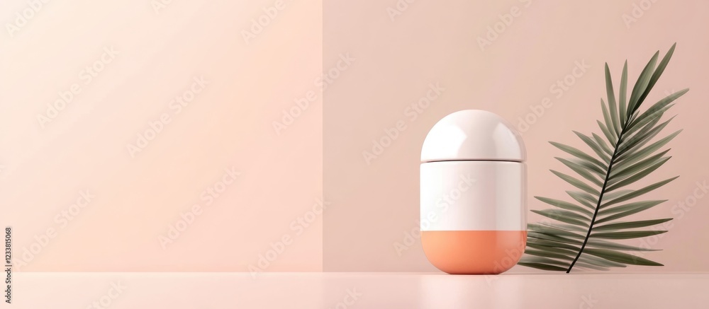Poster Cosmetic container with soft peach color and green palm leaf on pastel background with ample Copy Space for branding or product placement