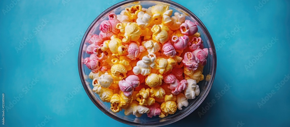 Poster colorful assorted popcorn in a glass bowl on a turquoise background with ample copy space for text.