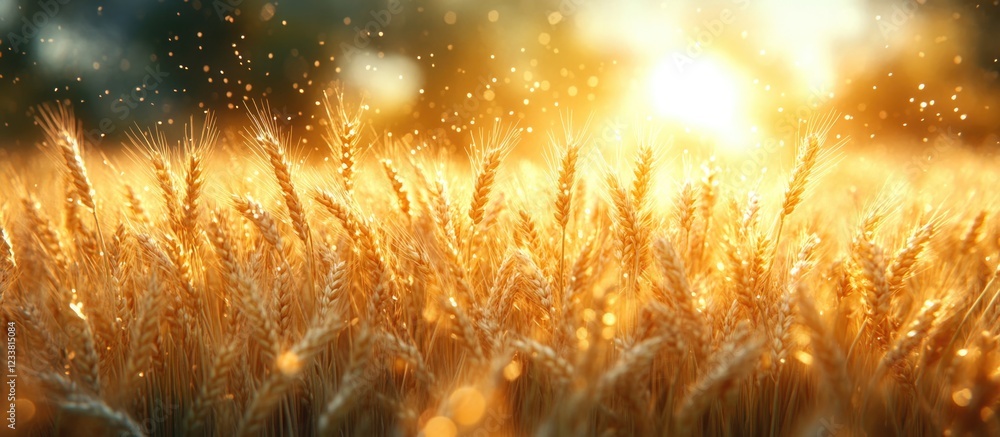 Poster Golden wheat field at sunset with soft sunlight rays and bokeh effect in the background Copy Space