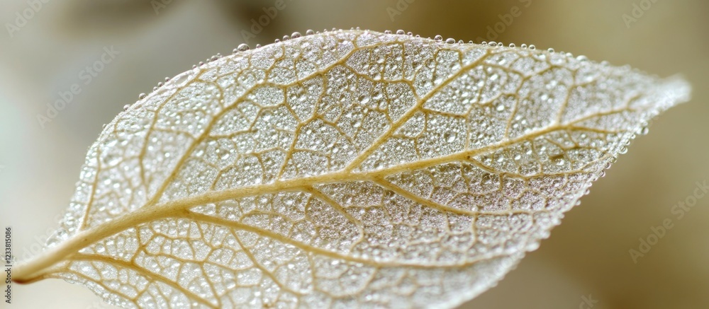 Poster Close-up of a transparent leaf with intricate vein patterns and water droplets on a blurred background with Copy Space