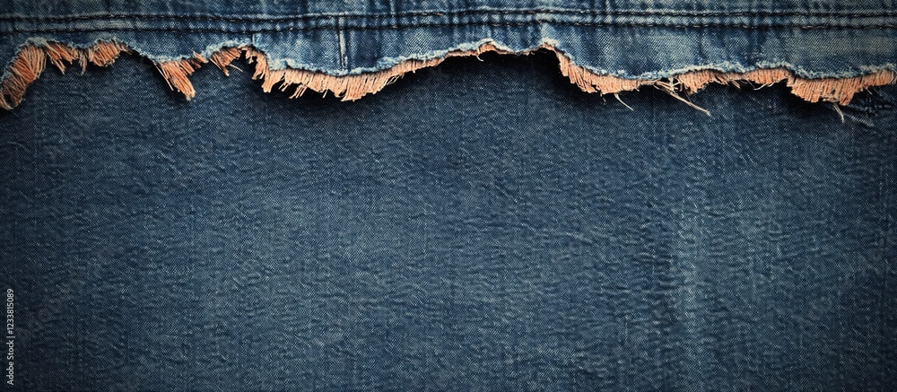 Poster denim fabric with frayed edge texture and visible worn-out details on a deep blue background with co