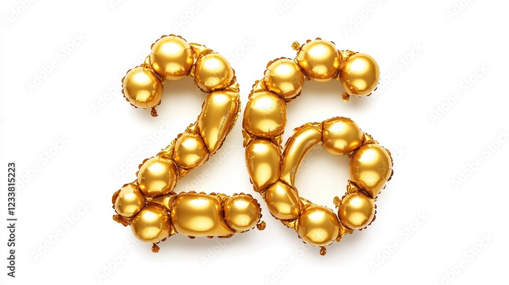Poster Gold balloons shaped as the number 26 on a white background with Copy Space for text placement