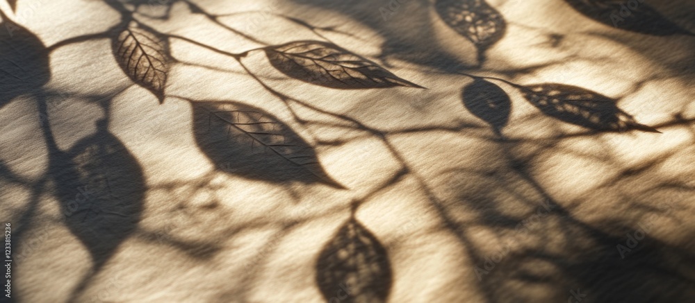 Poster Nature-inspired shadow patterns of leaves on a textured surface with warm tones and Copy Space for text placement