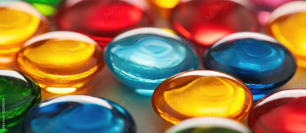 Poster Colorful transparent glass marbles arranged closely together creating a vibrant textured background with Copy Space for text