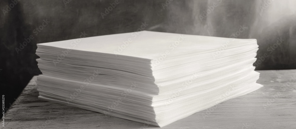 Poster Stack of blank paper sheets on a textured surface with copy space in a monochrome setting
