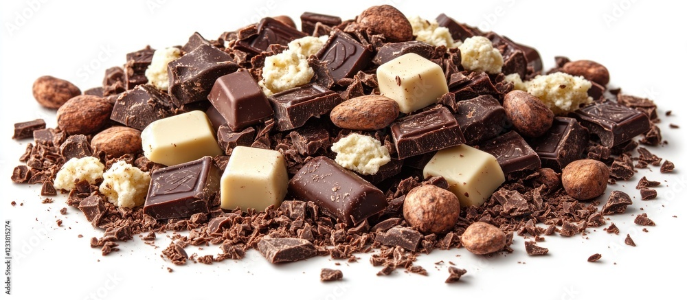 Aufkleber Mixed assortment of chocolate pieces and nuts on a white background with Copy Space for text placement