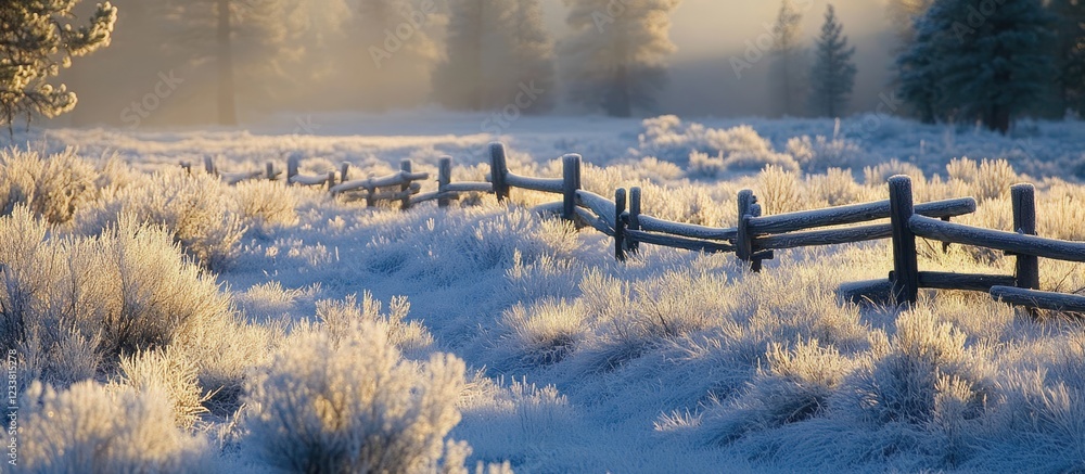 Poster frosty winter morning with wooden fence in a snowy meadow illuminated by soft sunlight with copy spa