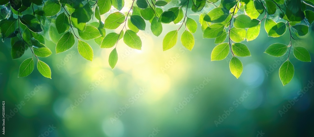 Poster Lush green leaves with soft sunlight filtering through, natural background with copy space for text or graphics