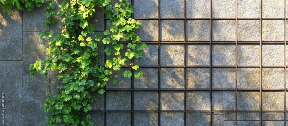 Poster Texture of gray wall with grid pattern and green ivy plant, natural elements against structured surface, Copy Space.