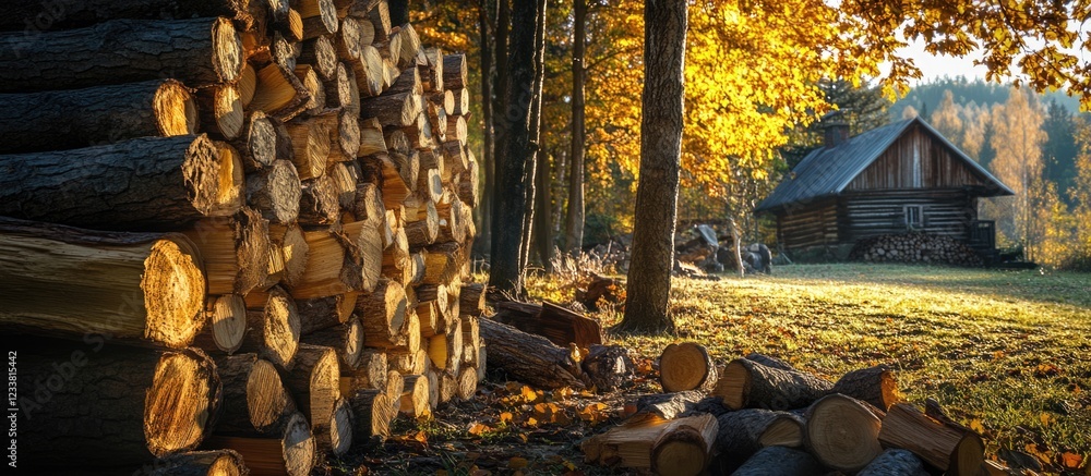 Poster Woodpile in autumn forest with rustic cabin in the background featuring warm golden light and Copy Space for text placement