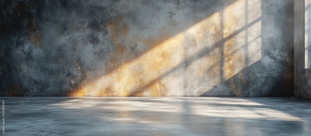 Poster abandoned interior space with textured walls and sunlight streaming through windows copy space