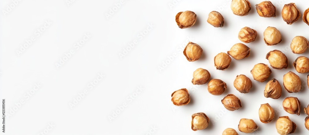 Aufkleber Hazelnuts scattered on a white background with ample Copy Space for text placement.