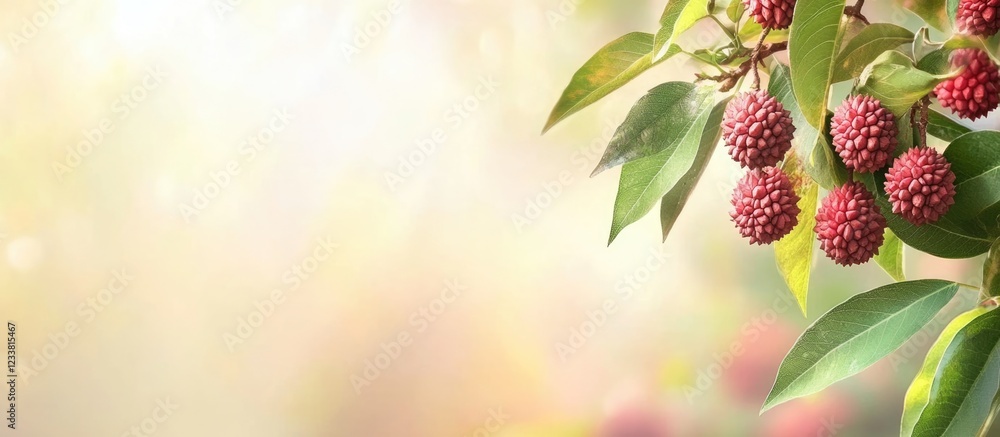 Aufkleber Fresh Lychee Fruits on Branch with Leaves and Soft Blurred Background Copy Space