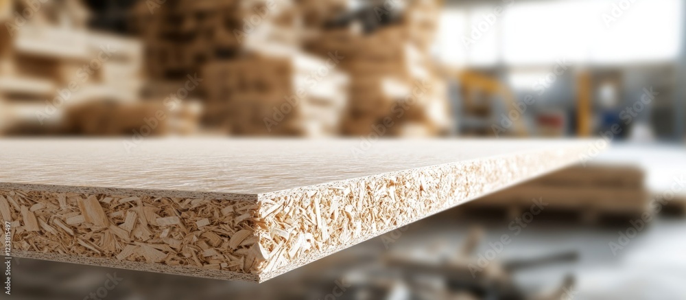 Poster Wooden particle board surface in a sawmill with blurred background and natural light Copy Space