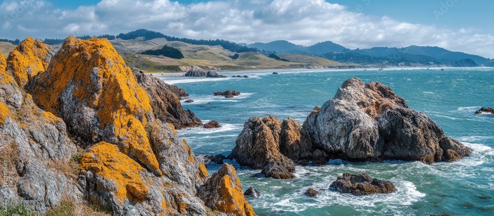 Poster coastal landscape with rugged rocks and lichen by the sea under a blue sky with clouds and distant m