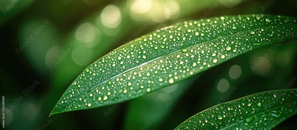 Poster close-up of green leaves with water droplets in soft focus background copy space