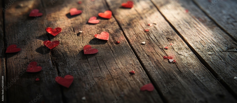 Aufkleber scattered red heart confetti on rustic wooden surface with natural light and shadows copy space