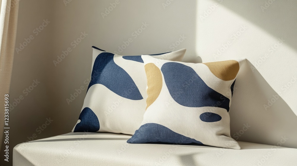 Poster decorative cushions with abstract patterns in blue and beige placed on a neutral-colored sofa with s
