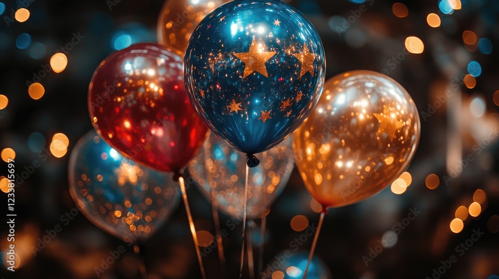 Poster colorful balloons with stars on a blurred festive background illuminated by bokeh lights copy space