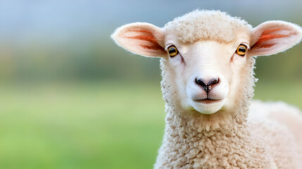 Obraz premium Sheep portrait, pasture, farm, serene background, animal agriculture