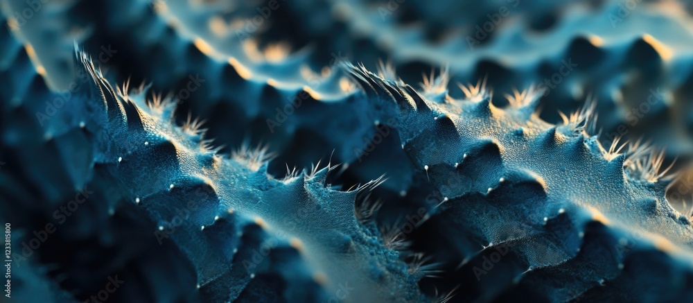 Poster close-up of textured blue and black surface with spiky details and intricate patterns suitable for a