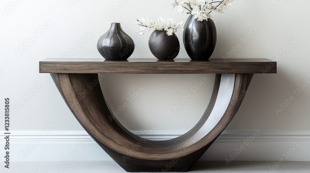 Poster elegant wooden console table with curved design featuring three decorative vases and flowers against